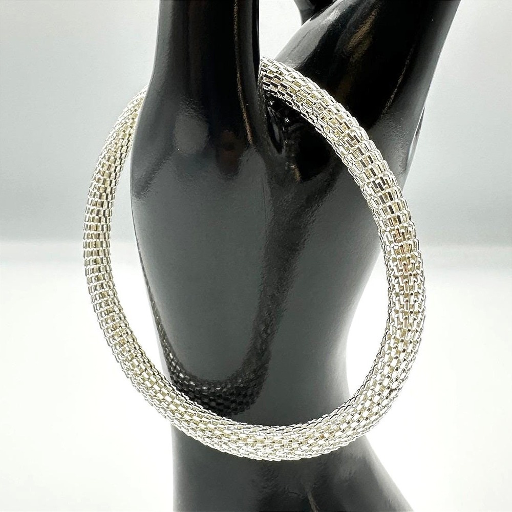 Vintage Silver Tone Woven‎ Mesh Bracelet Chunky Popcorn Link Slip On Bangle Boho